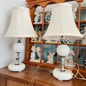 Pair Vintage White Milk Glass Hobnail Dresser Vanity Table Lamp~ 1960’s~16” Tall